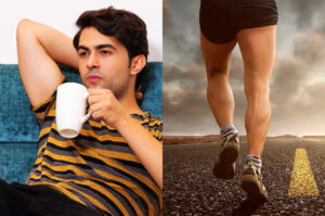 Mann auf dem Sofa in Ruhe und die Beine eines Mannes, der auf der Straße öäuft