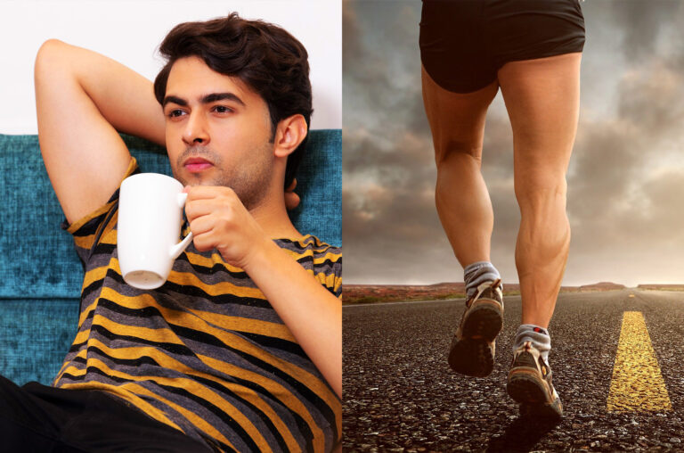 Mann auf dem Sofa in Ruhe und die Beine eines Mannes, der auf der Straße öäuft