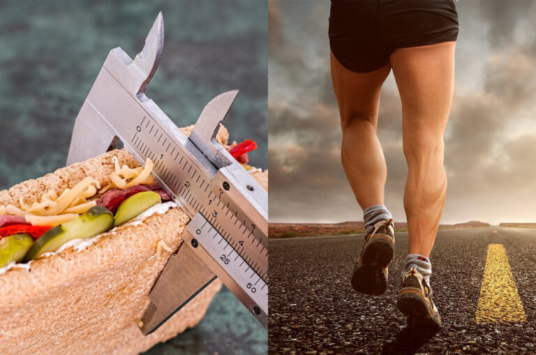 Sandwich wird in der Dicke gemessen, Beime mit Laufschuhen auf Asphalt